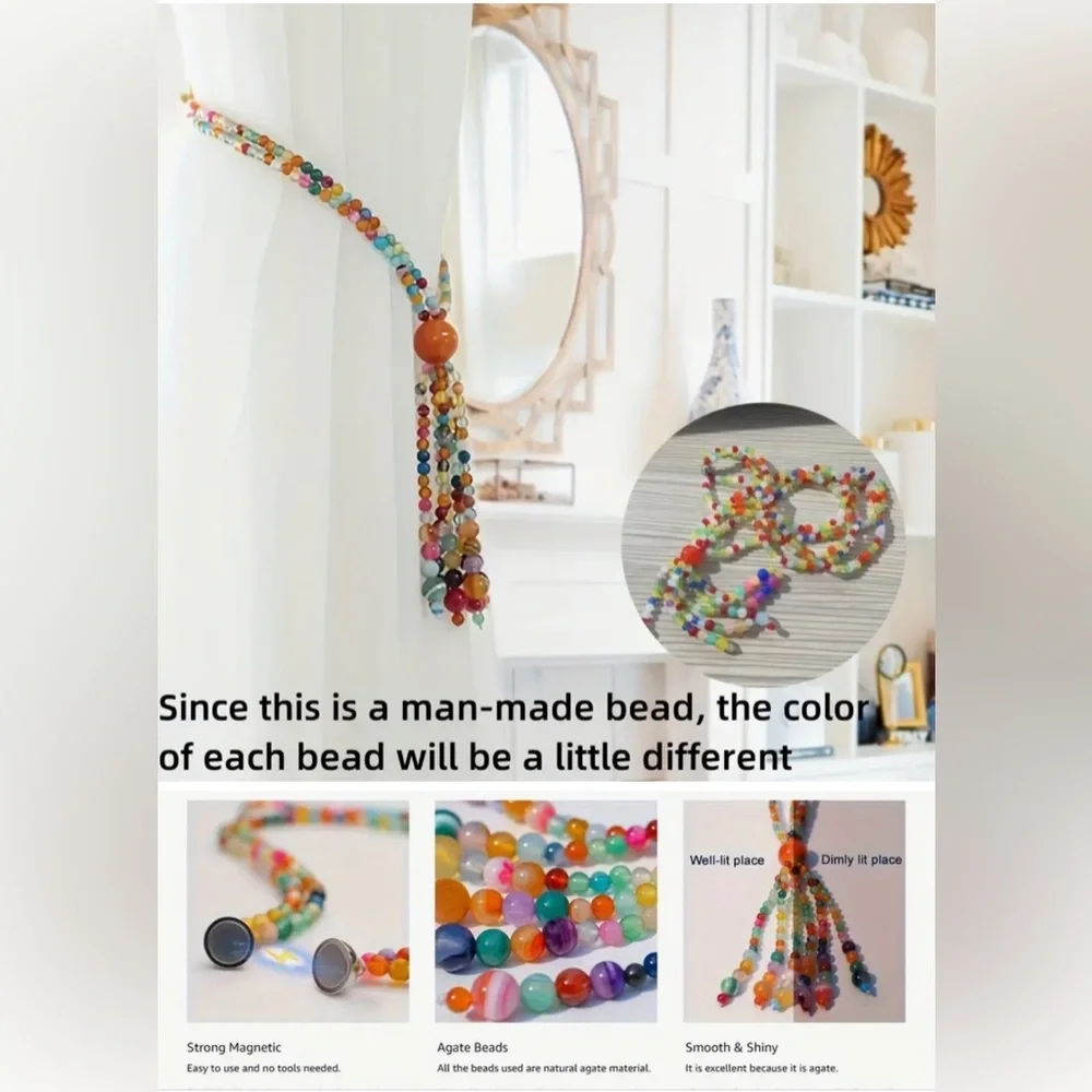 Multicolor Beaded Tassel Curtain Tie-Back w Magnetic Closure